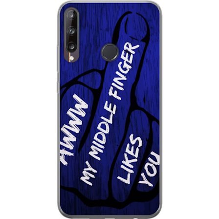 Kompatibelt Mobildeksel til Huawei P40 lite E Mørk typografisk illustrasjon med hjerteform og budskap om vennskap mot dyp blå tretekstur