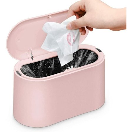 Liten papperskorg för bordsskiva med knapplock för badrum, kontor, sovrum och kök (rosa)