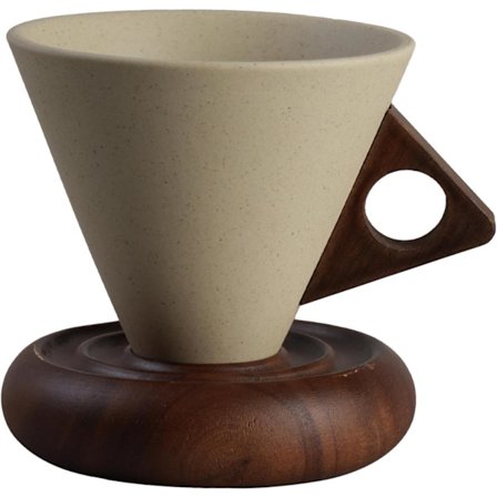 Keramisk kaffekop med underkop og træhåndtag, kaffeudstyr i retrostil