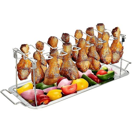 Kyllingelår- og Vingestativ med 14 Slots i Rustfrit Stål, Grillstativ med Drypbakke, Non-stick