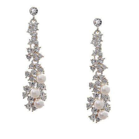 Fashionabla Kvinnor Långa Drop Dangle Örhängen Strass Faux Pärla Dekor Öron Smycken