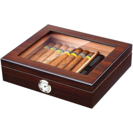 Håndlavet Cigar Humidor, Cedar Cigaræske til Skrivebord med Luftfugter og Hygrometer, Glaslåg*QN