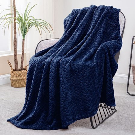 Flannel Fleece Tæppe, 127x178 CM Sofa Tæpper, Blødt Jacquard Væv Blade Mønster Tæpper til Sofa, Navy Blåt Tæppe