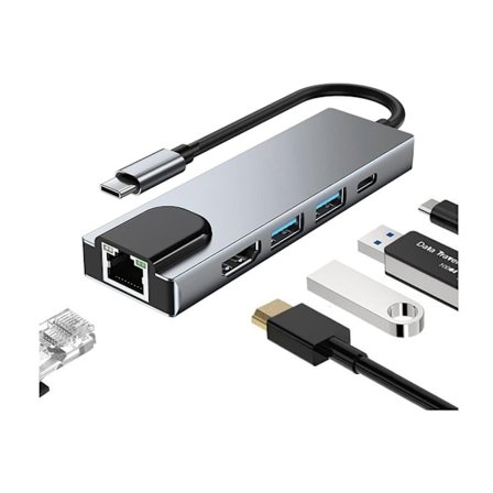 5-i-1 USB C Dockingstation Typ C till HDMI Adapter Ethernet Rj45 HDMI 4K PD 100W 2 USB 3.0 Grå YEMAESRE