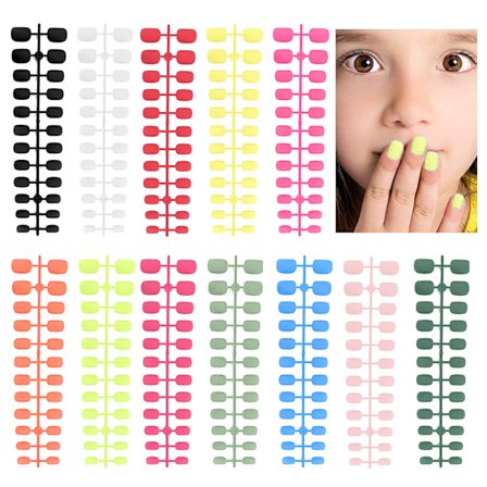 12 set Barn Korta Matta falska naglar, 12 färger Korta fyrkantiga Full