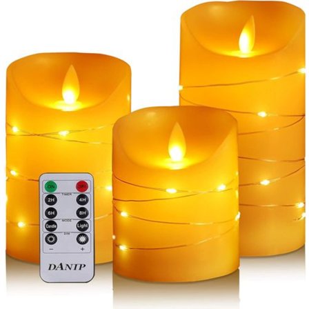 LED-flamfria ljus med inbäddade ljusslingor, 3-delat LED-ljus med