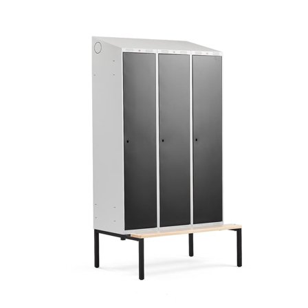 Klädskåp CLASSIC, sluttande tak, bänk, 3 sektioner, 2290x1200x550 mm, svart