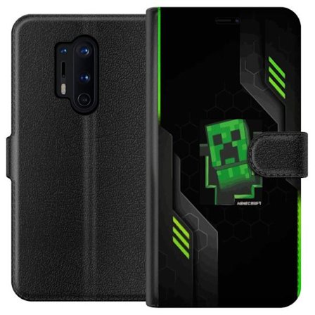 Kompatibelt Plånboksfodral till OnePlus OnePlus 8 Pro Grön pixelbaserad creeperliknande spelillustration med futuriska neoninslag och mörk techbakg