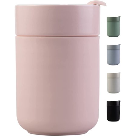 Keramisk kaffekopp med lokk, gjenbrukbar isolert keramisk søt reisekopp med silikonhylse, 10 unser, (rosa)