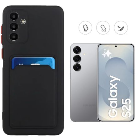 Kompatibel med Samsung Galaxy S25 telefoncover, inkluderer kortslot og stativ.