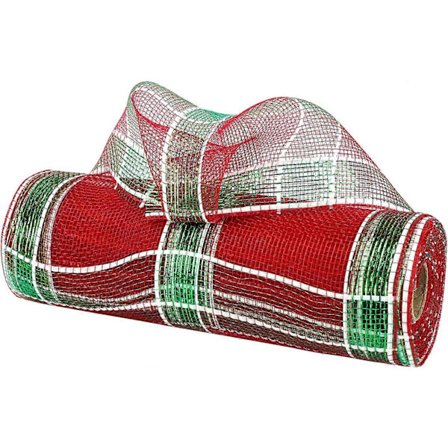 SBSG Rød Grønn Hvit Rutete Deco Mesh Bånd 10 Tommer Metallisk Jule Mesh Bånd for Tre Dekorativ Mesh Krans Utstyr for Jule Inngangsdør M