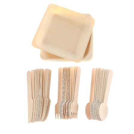 48 stk. engangsbestik sæt bionedbrydeligt træ middag bestik salat dessert tallerkener skeer gafler knive festartikler