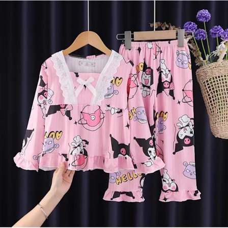 Sanrio Kuromi Kostyme Barn Langarmet Pyjamas Jenter Gutter Tegneserie T-skjorte+Bukser 2stk/sett Barn Avslappet Soveklær A