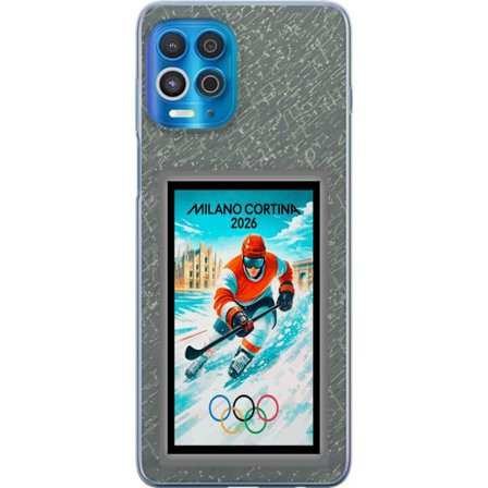 Yhteensopiva Puhelinkuori Motorola Edge S Curlingkuvitus pelaajilla ja kivillä jäällä, Milano Cortina 2026, lumisia roiskeita ja olympiasormukset