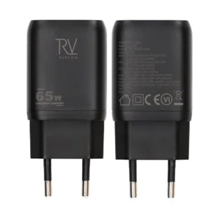 Rvelon Väggladdare 2x USB-C + USB-A 65W GaN - Svart