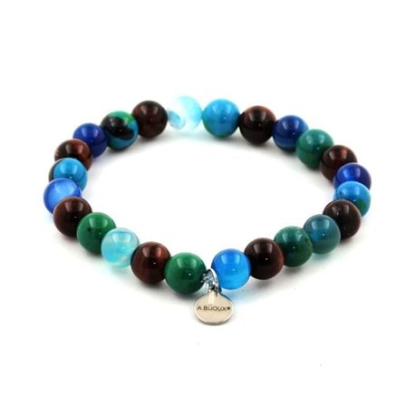 Stenar och mineraler. Red Tiger Eye Beads + Chrysocolla + Blue Ribboned Agate Armband Made in France.