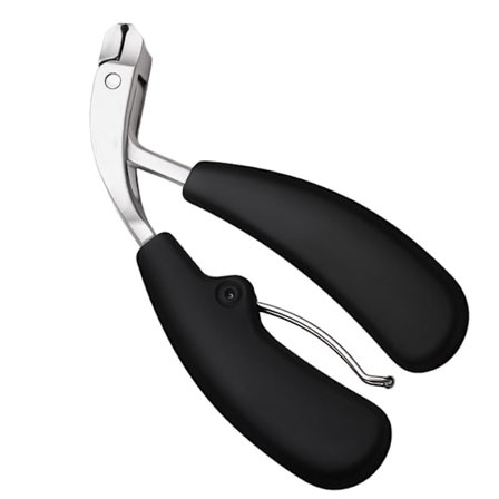 Innovativt negleklipperdesign med buede blade, egnet til tykke negle, fås i sort/sølv.