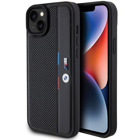 BMW Perforert Tricolor Line-etui for iPhone 15 Plus / 14 Plus - svart