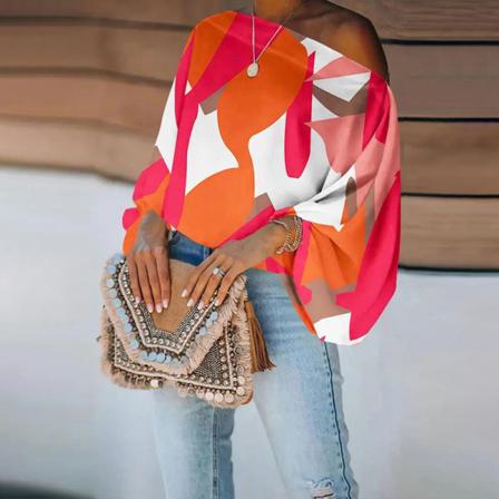 Dam Off Shoulder Pullover Print T-shirt Med Lykta Ärmar