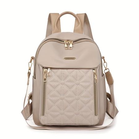 Ryggsäcksväska med quiltad dragkedja, dagsäck med klassiska dubbade dekorationer, elegant preppy skolväska för kvinnor och bokväska Off-white Vertical