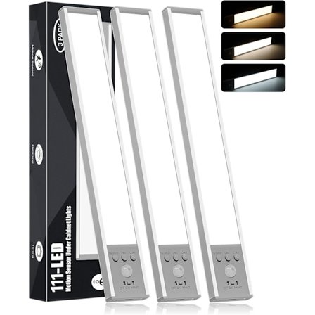Trådlös belysningslist för underskåp med rörelsesensor, dimbar LED-garderobsbelysning, uppladdningsbart batteri, magnetisk monteringsbas, 3-pack.
