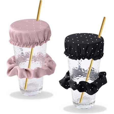 2-pakning drikkebeskytter Scrunchies (svart+rød), anti-stikk drikkedeksler med hull til sugerør, gjenbrukbare og vaskbare, for de fleste kopper og 