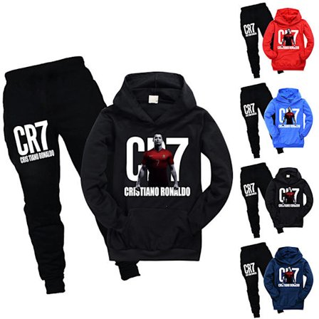 CR7 Ronaldo Gutter Treningsdrakt Fotball Genser Hoodie Topper + Bukser Antrekk Mørk Blå