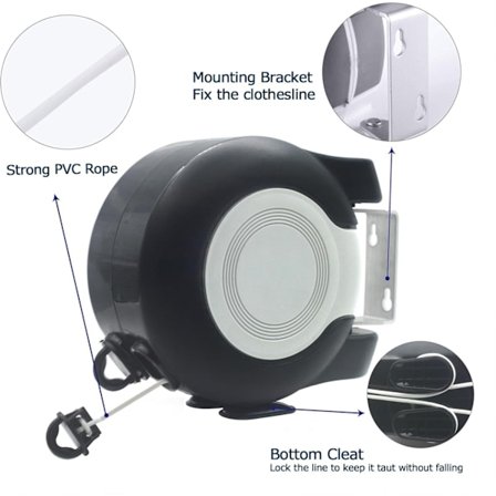 Udtrækkelig tørresnor, 15 m, sort-grå