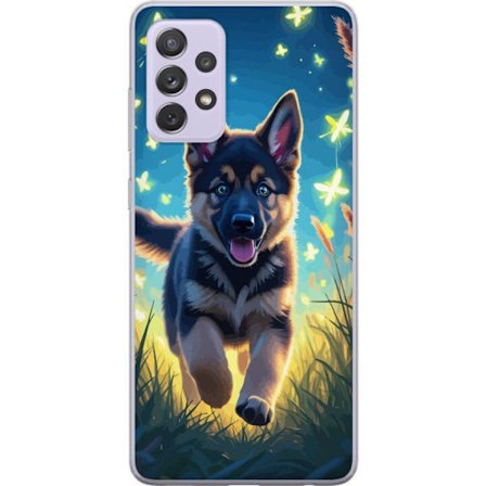 Kompatibelt Mobilskal till Samsung Samsung Galaxy A52s 5G Tysk schäfer valp affisch valp hund hoppar äng fjärilar söt hund illustration blå nattk