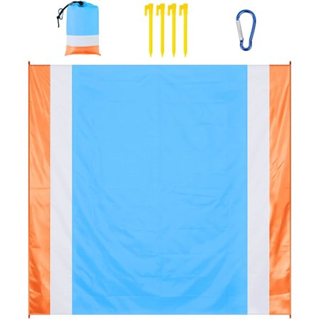 Blå + Orange - Strandtæppe Strandmåtte, 210 x 200 Sandafvisende Strandmåtte med 4 Pløkker, Bærbar Sandafvisende Strandtæppe til Camping, Strand