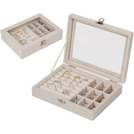 Smykkeskrin til ringe, øreringe, halskæder og armbånd, smykkeopbevaring med aftagelig inddeling