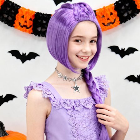 Anime Parykk Heks Jeger Rumi Barne Parykk Lav Temperatur Silke Lilla Enkel Flette Parykksett