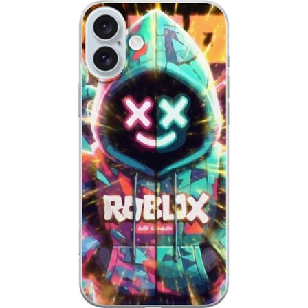 Kompatibel Mobilcover til Apple Apple iPhone 16 Plus Neonfarvet Roblox hættetrøje figur med lysende effekter og energifyldt baggrund, moderne gaming