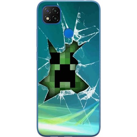Kompatibelt Mobilskal till Xiaomi Xiaomi Redmi 9C NFC Minecraft Creeper genom krossat glas med dramatisk explosionseffekt där ikoniska Creeper bryter