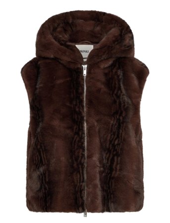 Monki Faux Fur Hooded Zip Vest - Brown - S