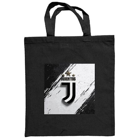 Stoffpose Juventus-logo i svart og hvitt med stjerner over, plassert på diagonalt penslet bakgrunn med kontrast og sportslig estetikk.