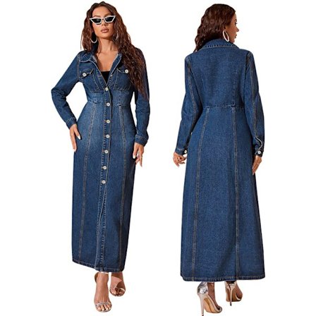 Lang denimkjole for kvinner, midi jeansskjortekjole