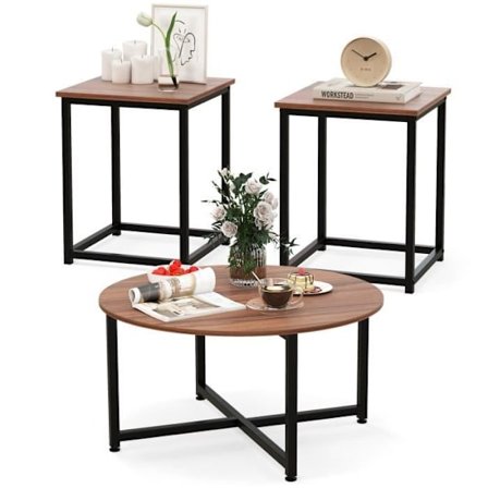 COSTWAY 3-delt sofabordssæt, inklusive 1 rund og 2 firkantet, robust metalstel, maks. belastning 200 kg, moderne, valnød og sort