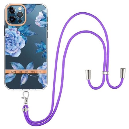 YB IMD Series IML Flexible Phone Case iPhone 12 Pro Max 6.7 inch, galvaniseret telefonbeskyttelsescover med justerbar skulderrem - Blå Pæon