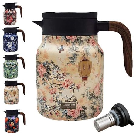 Vintage Blommig Te Termos med Inbyggd Sil, 1000ml Rostfri Termoskanna Tekanna för Varma Drycker, Hem & Kontor