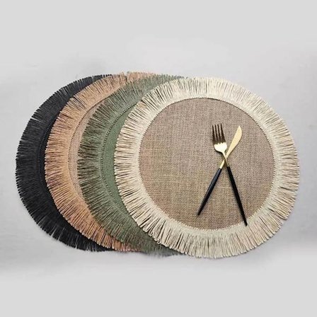 1Pcs Jute Linen Placemat Simple Fringe Round Shape Table Mat Heat Insulation Non-slip Coaster Mat