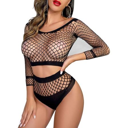 QMYL Kvinners Fishnet Bodystockings Blonder Lingerie Stropp Bodysuit V-hals Babydoll C9046-Svart X-Small-XX-Large
