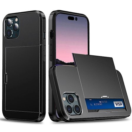 Slide Kortholder Telefoncover til iPhone 15 Pro, TPU+PC Dobbeltlags Beskyttelsesetui
