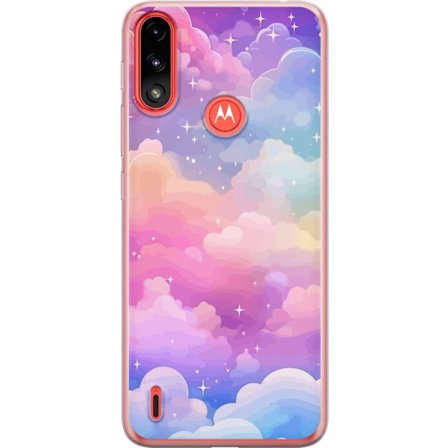 Kompatibelt Mobildeksel til Motorola Moto E7 Power Søt enhjørning med regnbuefarget hår mot en stjernebelagt pastellbakgrunn i kawaii-stil