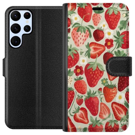 Kompatibel Tegnebogsetui til Samsung Galaxy S22 Ultra 5G Dekorativt mønster med røde jordbær, grønne blade og små blomster