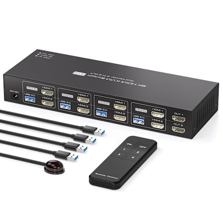 NÖRDIC KVM 4x2 HDMI 2.1 Switch 4PC til Dobbelt Skærm HDMI 8K60Hz med 1x3.5mm og 4xUSB-A