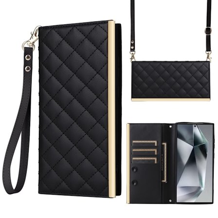 SKALO Samsung S25 Ultra Guldkant Quiltat Axelrem Plånboksfodral - Svart