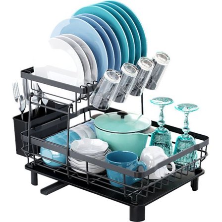 Køkken Opvaskestativ, Rustfrit Stål Opvaskestativ med Kopholder og Redskabsholder, Sort Opvasketørrestativ