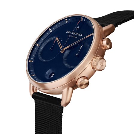 Nordgreen Men's Minimalistist Large Wrist Watch Watch - Rose Gold Case - Navy Dial - Black Mesh Watch Strap Pioneer White Dial Chronograph