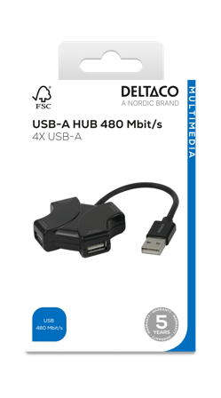Deltaco USB-A hub, 480 Mbps, 4x USB-A, black